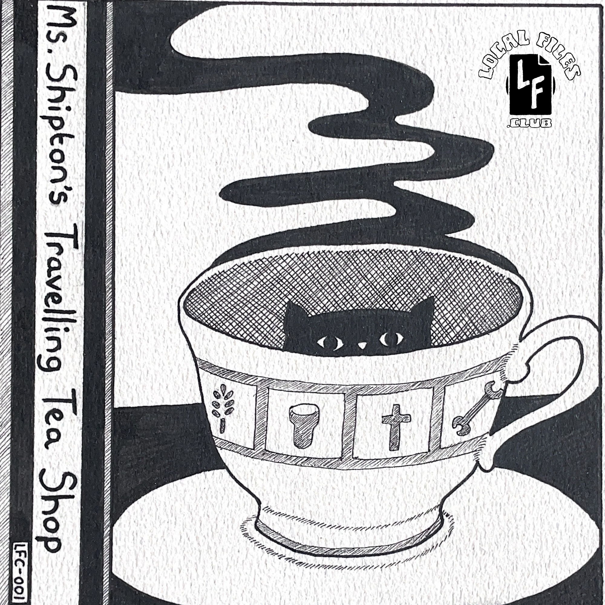 Cover art for Ms. Shipton's Travelling Tea Shop. A black and white ink drawing of a cat poking its head out of a large tea cup, adorned with symbols representing characters in the show, as steam rises gently into the air.