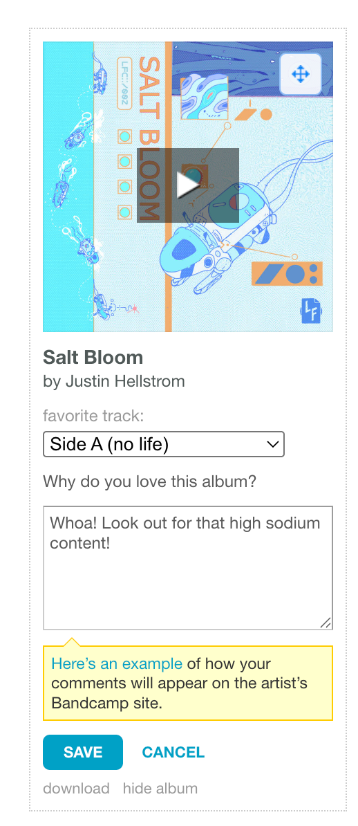 A screenshot of a Bandcamp collection item after you click "Why do you love this album?" and you are prompted to leave a comment.