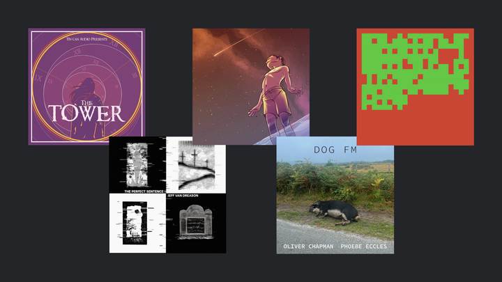 The cover art for the five shows listed below, arranged in a visually pleasing manner.