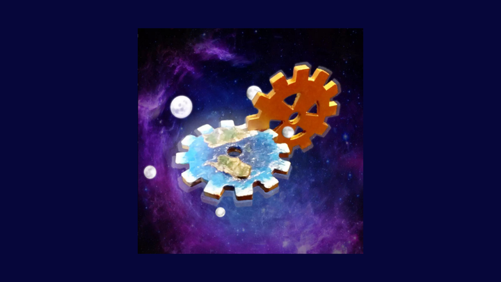 Tales of the Cog cover art on a dark purple background. Two mechanical cogs clicked together, one with oceans and landmasses visibl