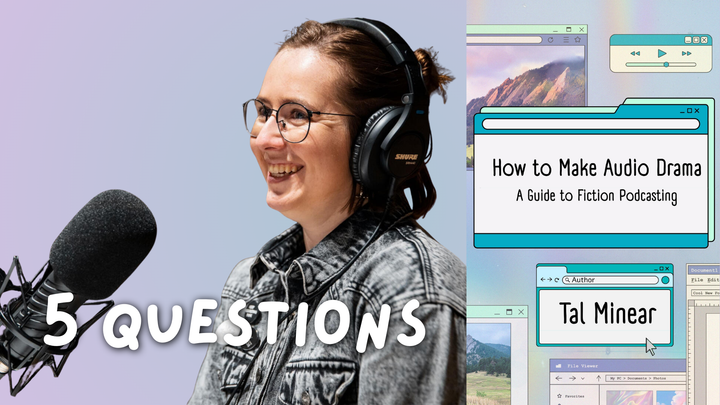 Tal Minear headshot with How To Make Audio Drama book cover art